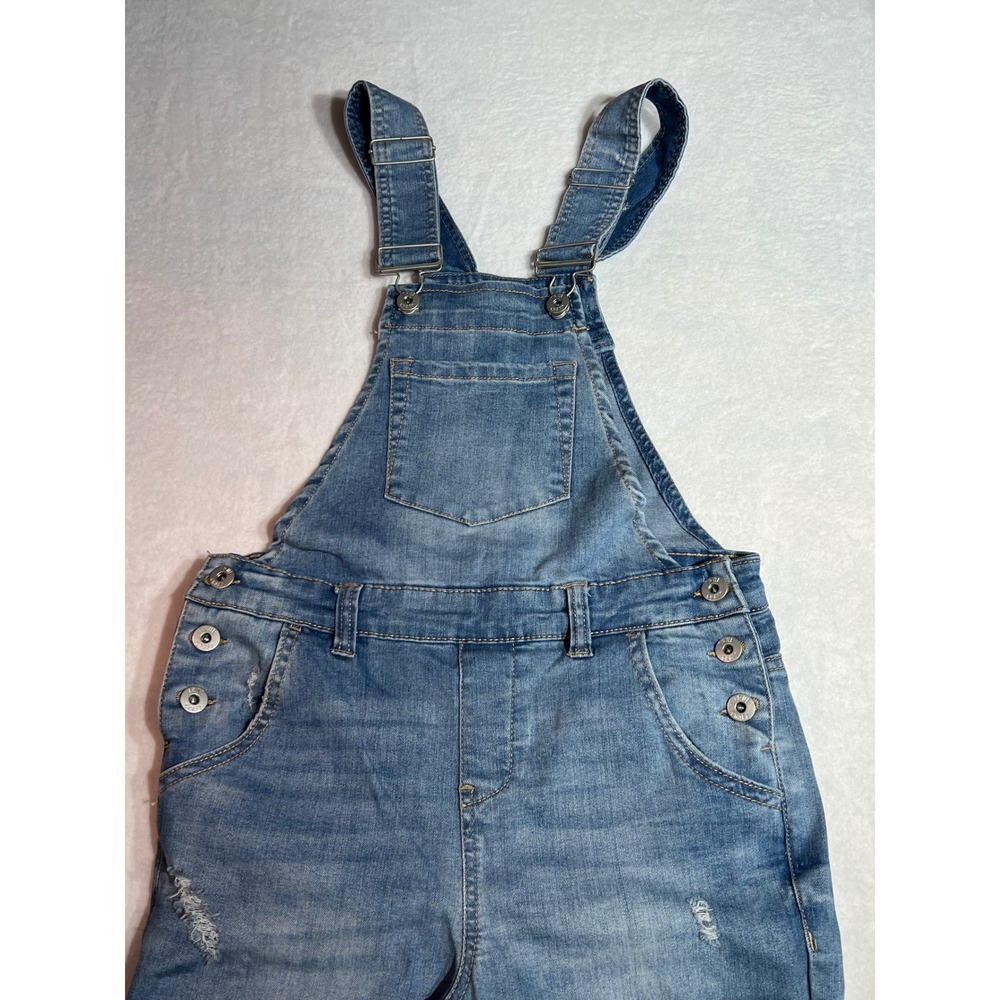 True Craft Womens Distressed Denim Overalls Medium Wash Frayed Hem Size 1